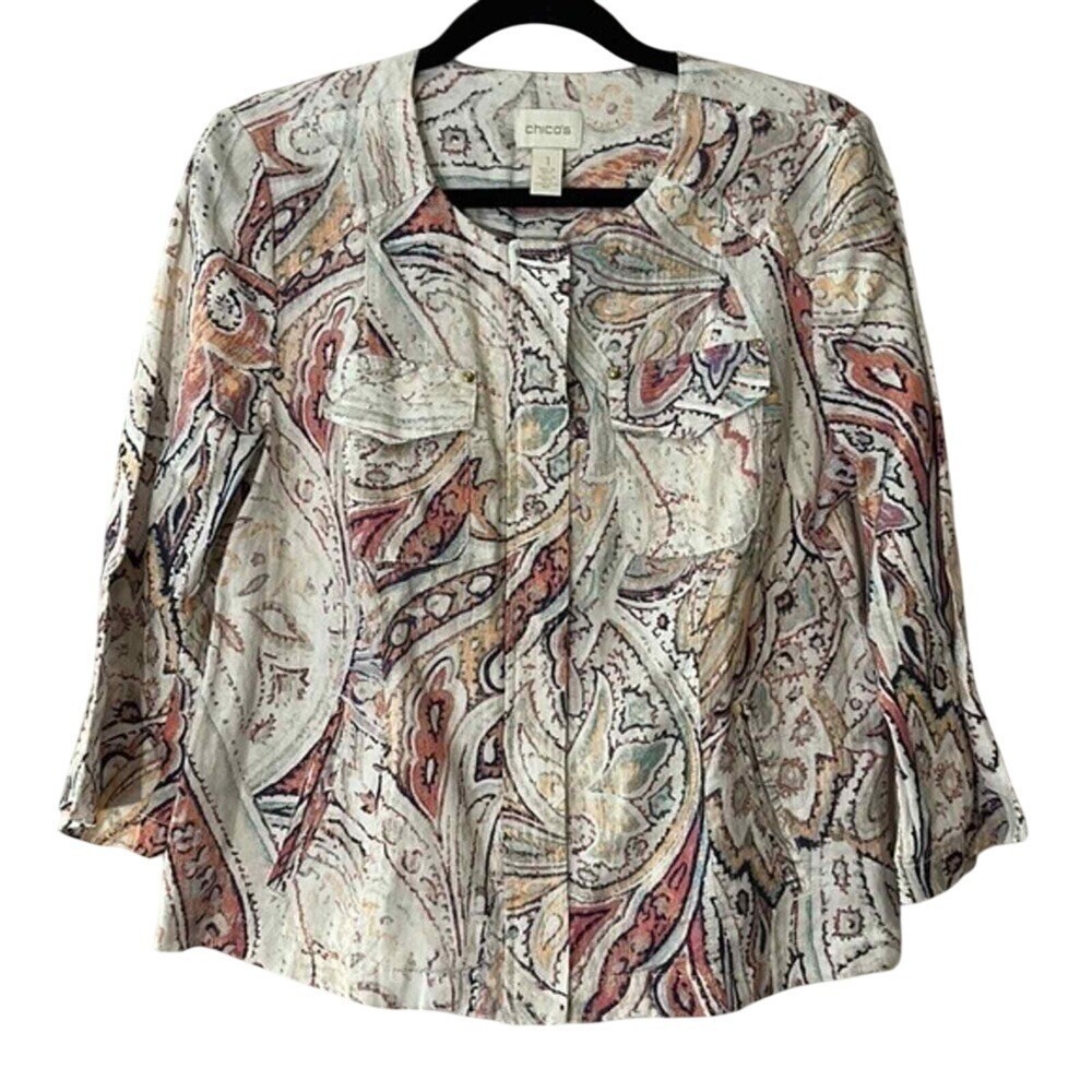 Chico's 100% Linen Paisley Print Jacket Button Front 3/4 Sleeve Top Size 1